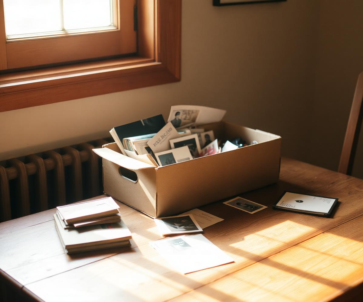A worn shoebox full of old photos and keepsakes on a sunlit table